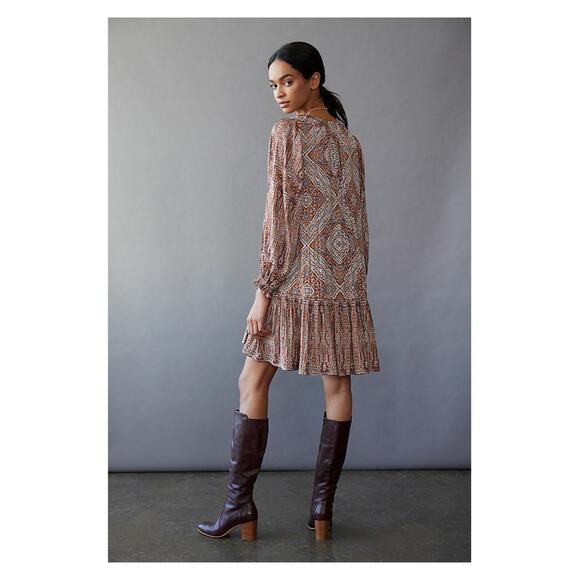 Anthropologie Brown Print Sabia Flounced Tunic Dress Sz.M - Picture 4 of 16